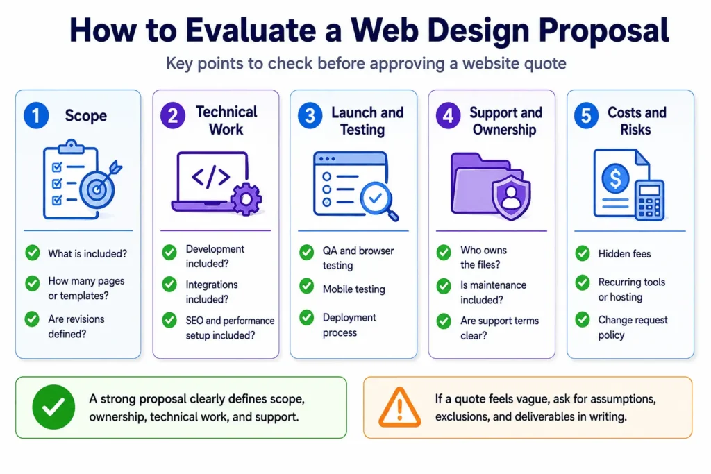 How to evaluate a web design proposal infographic with checklist items for scope, technical work, testing, ownership, and costs.