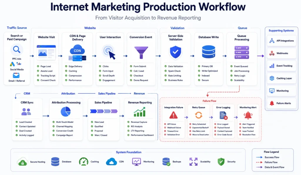Internet marketing production workflow connecting website traffic, validation, database processing, CRM sync, attribution, and revenue reporting