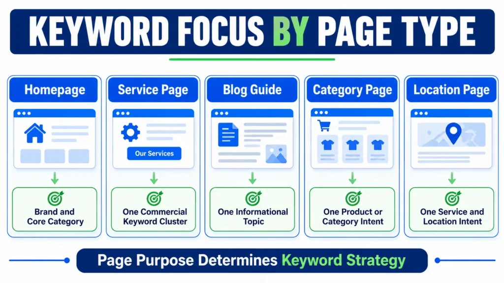 Keyword focus by page type infographic for homepages, service pages, blog guides, category pages, and location pages