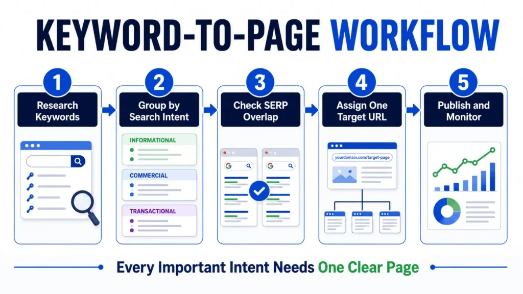 Keyword-to-page SEO workflow showing research, intent grouping, SERP overlap analysis, page mapping, publishing, and performance monitoring