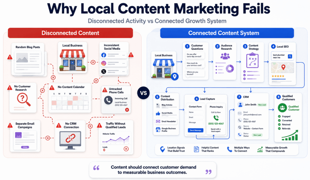Disconnected versus connected content marketing for local business workflow showing audience research, local SEO, lead capture, CRM, and qualified customers