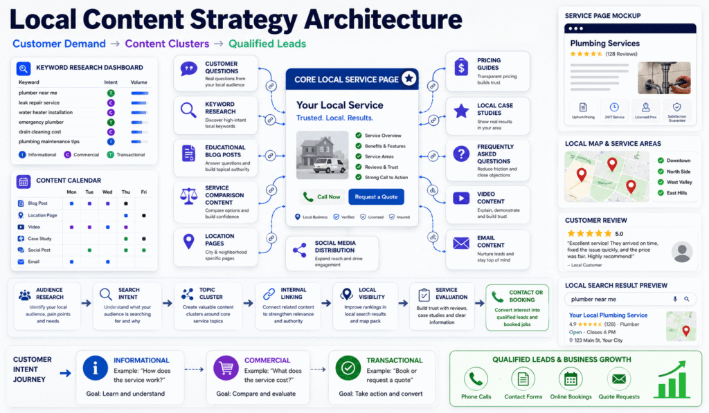 Local content strategy architecture connecting a core service page with keyword research, blog posts, location pages, FAQs, case studies, and qualified leads