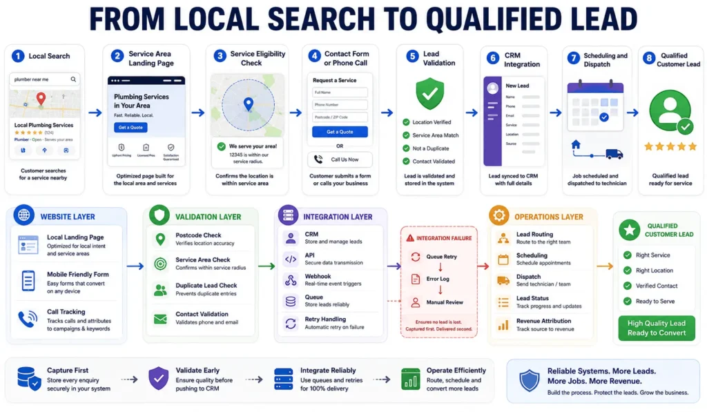 Local search lead workflow showing landing pages, service area validation, CRM integration, scheduling, and qualified lead routing.