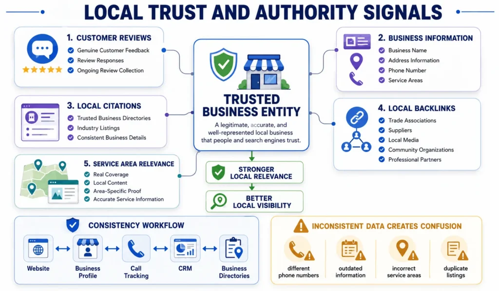 Local trust and authority signals infographic showing reviews, citations, business information consistency, and local backlinks.