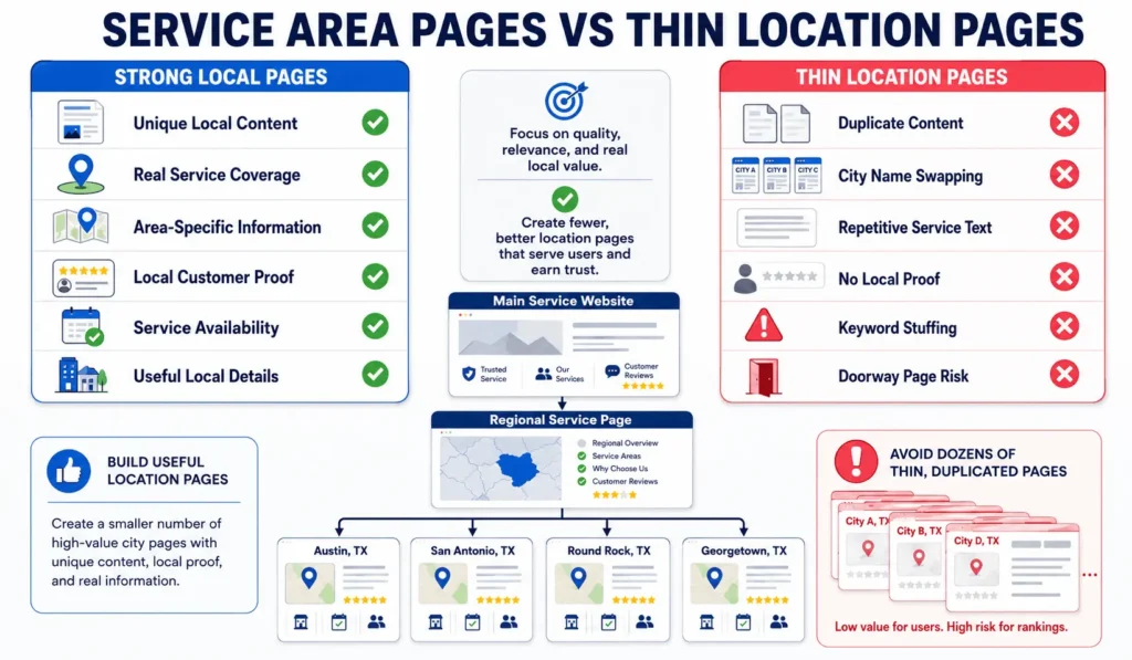 Service area pages vs thin location pages comparison showing unique local content, real coverage, and doorway page risks.