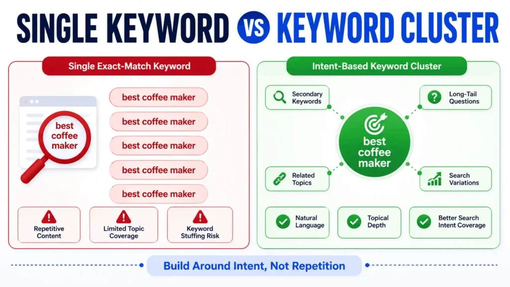 Single keyword versus keyword cluster comparison showing exact-match repetition and intent-based SEO content coverage
