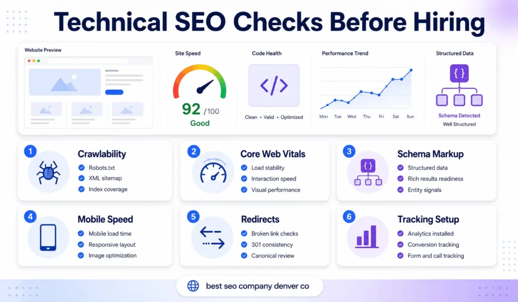 technical SEO checklist for best seo company denver co covering crawlability, Core Web Vitals, schema markup, mobile speed, redirects, and tracking