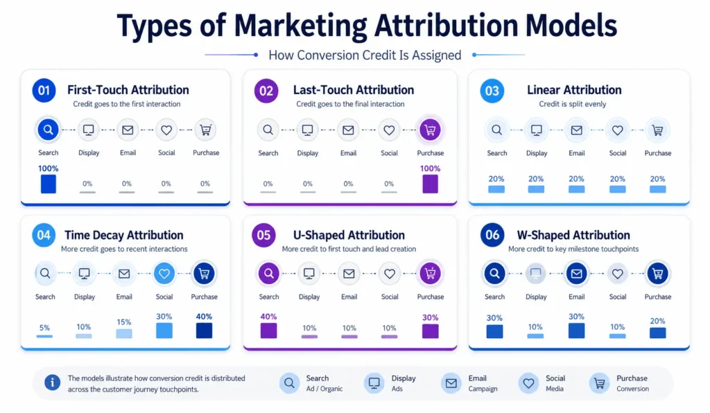 Comparison of types of marketing attribution models including first-touch, last-touch, linear, time decay, U-shaped, and W-shaped