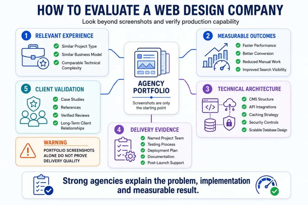 Web design company evaluation scorecard covering portfolio evidence, measurable outcomes, architecture, delivery process, and client references.