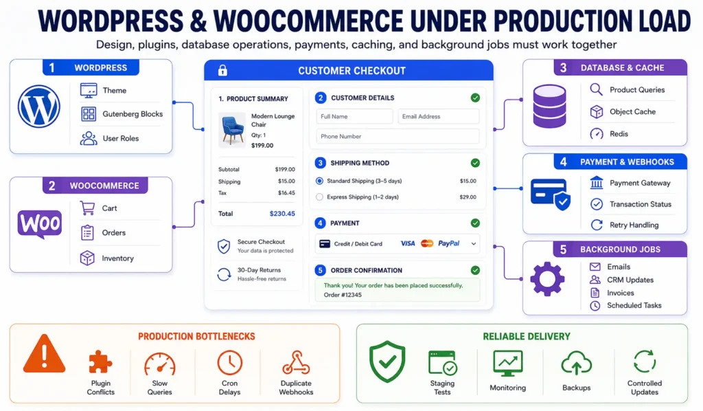 Web design performance SEO and conversion workflow showing CDN delivery, caching, application processing, user experience, and qualified enquiries.