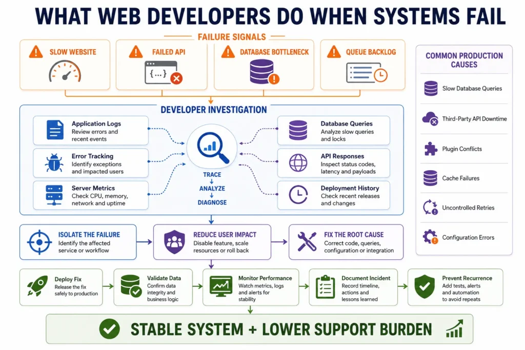 Web developer incident response process showing system alerts, log analysis, rollback, root-cause fixes, recovery, and monitoring.