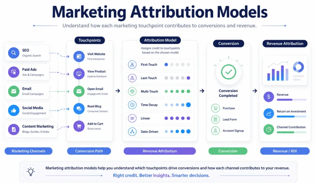 Marketing attribution models diagram showing channels, touchpoints, conversion path, and revenue attribution