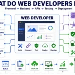 What do web developers do across frontend development, backend systems, databases, APIs, testing, deployment, monitoring, and website maintenance?