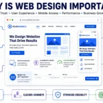 Why is web design important infographic showing trust, user experience, responsive design, accessibility, performance, and business growth.