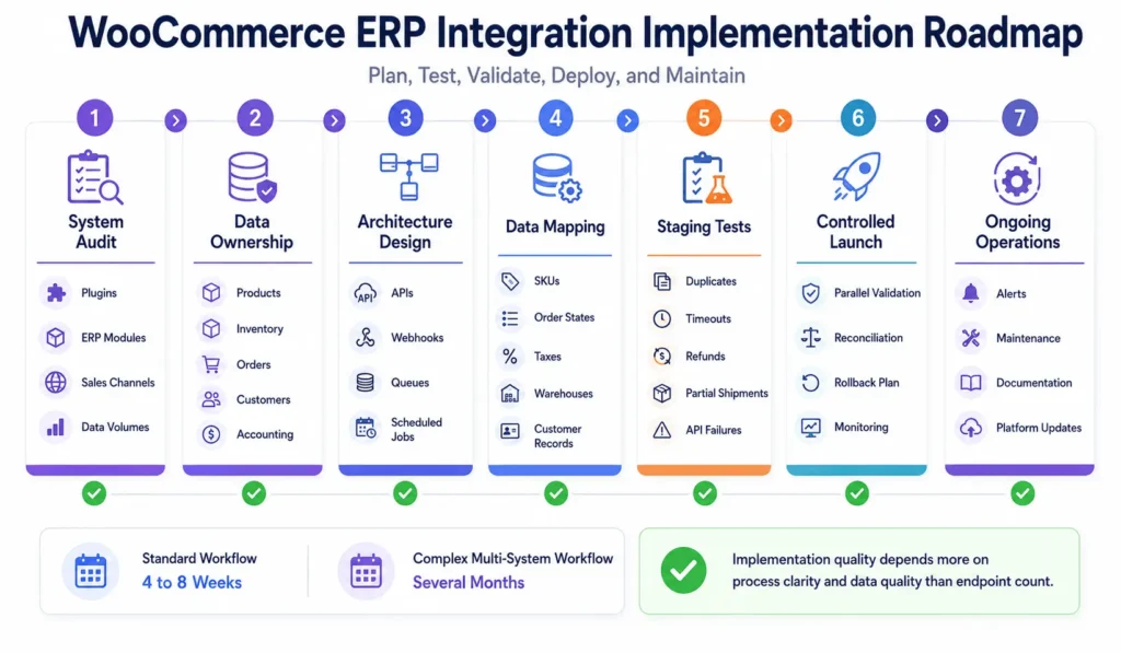 WooCommerce ERP integration implementation roadmap covering audit, mapping, testing, launch, and maintenance