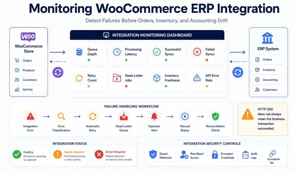 WooCommerce ERP integration monitoring dashboard with queues, retries, errors, alerts, and reconciliation