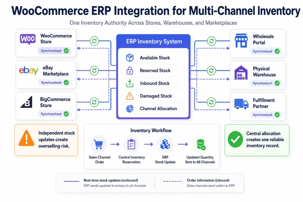 WooCommerce ERP integration connecting ecommerce channels and warehouses to centralized inventory management
