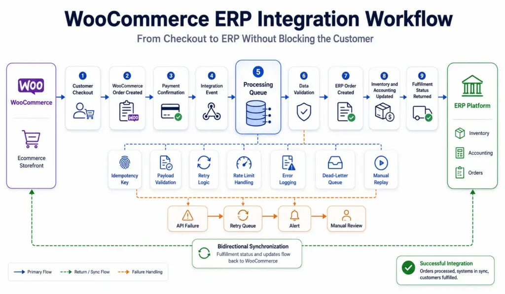 WooCommerce ERP integration workflow from customer checkout through queue processing to ERP fulfillment