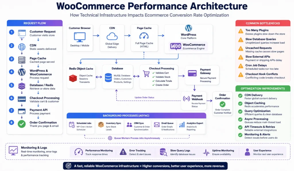 WooCommerce performance architecture showing CDN, caching, Redis, database, payment APIs, queues, monitoring, and common checkout bottlenecks