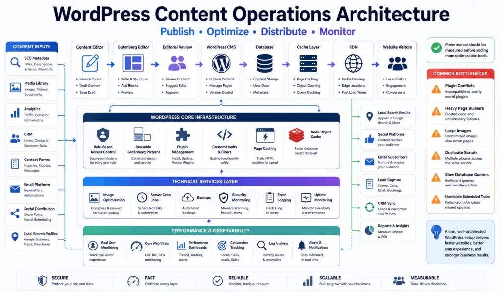 WordPress content operations architecture showing Gutenberg publishing, database, caching, CDN, analytics, CRM, security, and performance monitoring