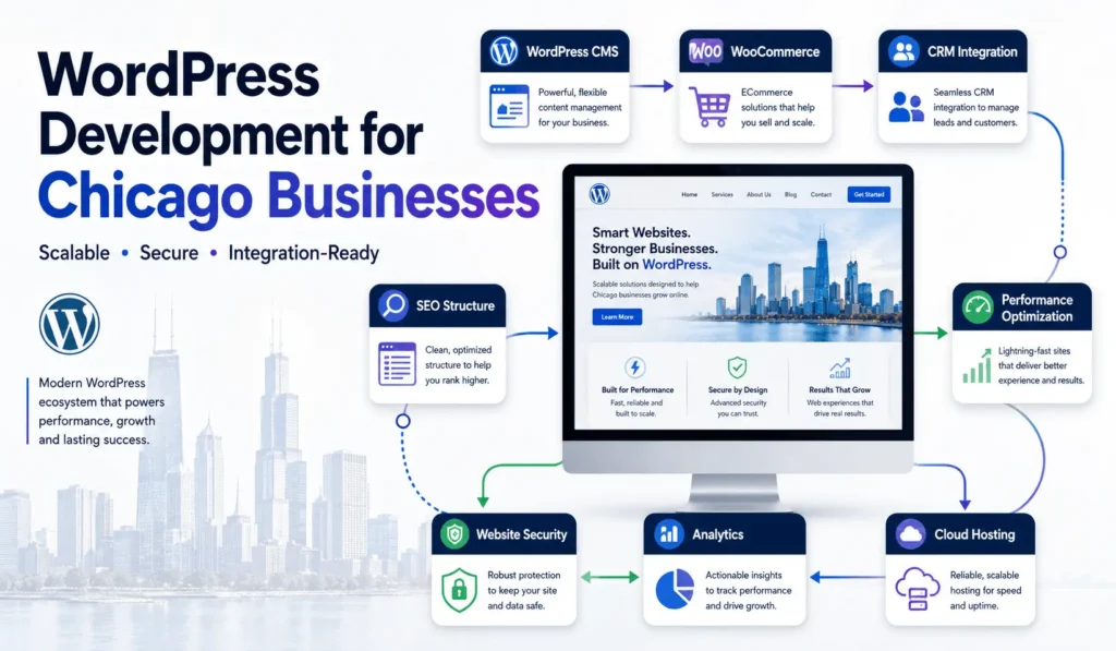 WordPress development for Chicago businesses showing CMS, WooCommerce, CRM integration, performance, analytics, and security
