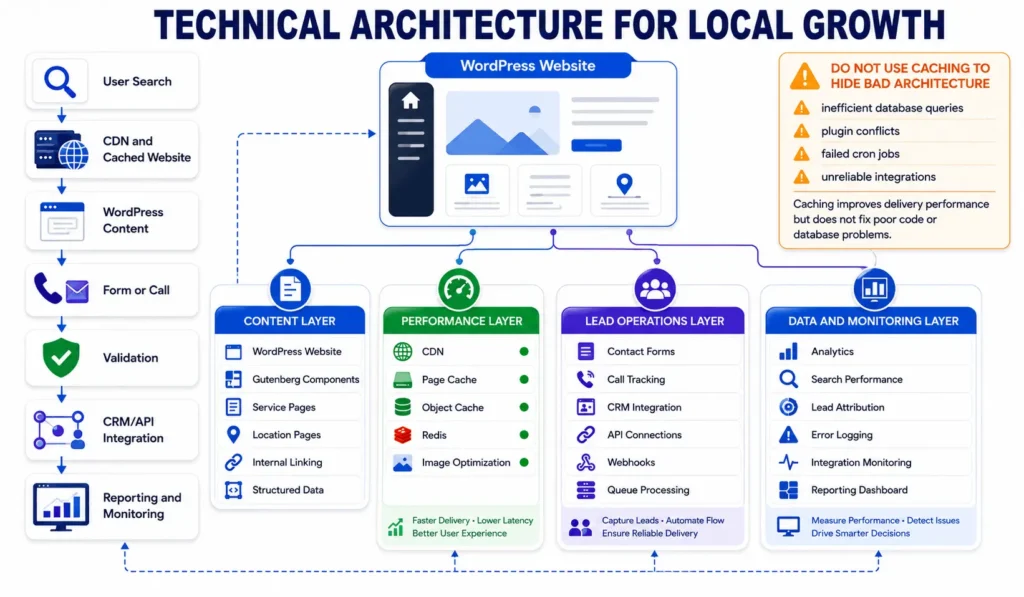 WordPress local growth architecture showing CDN, Redis caching, service pages, CRM integrations, lead tracking, and monitoring.