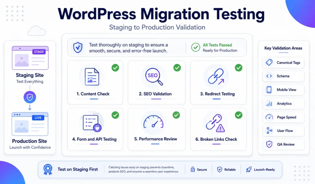 WordPress migration testing image showing staging validation SEO checks redirects forms performance and broken links review