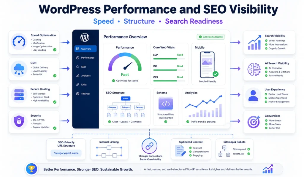 WordPress performance and SEO dashboard showing Core Web Vitals, schema, mobile optimization, analytics, and search visibility