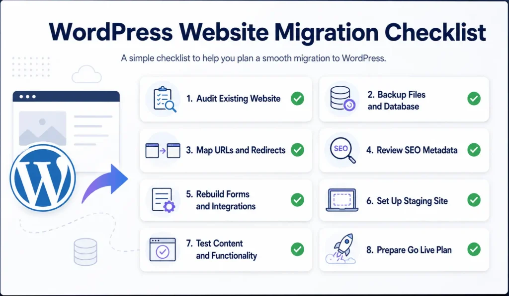 WordPress website migration checklist showing audit backup redirects SEO staging testing and launch steps