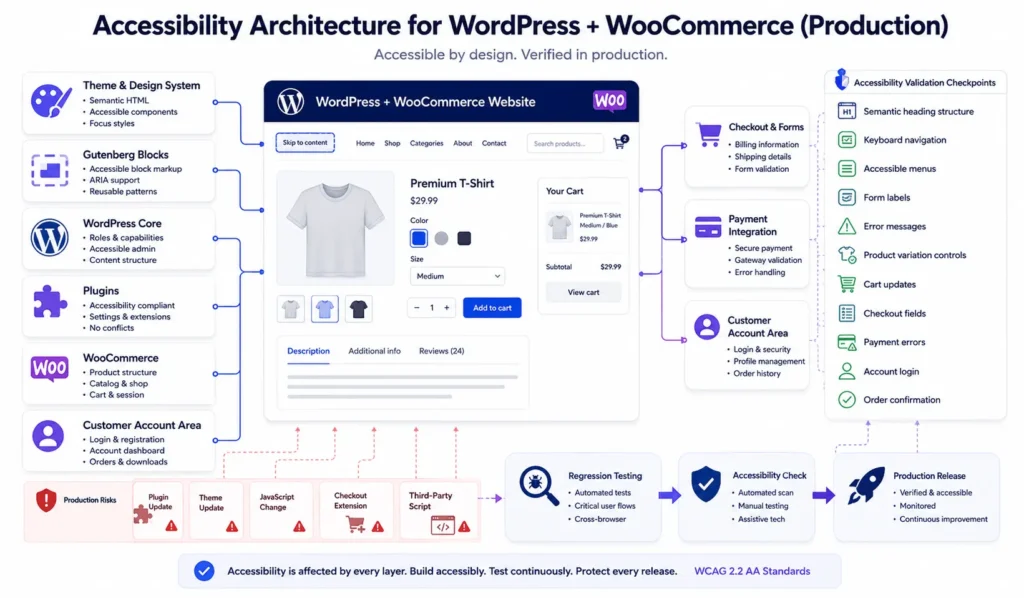 WordPress and WooCommerce accessibility architecture showing Gutenberg blocks, themes, plugins, checkout forms, integrations, and regression testing.
