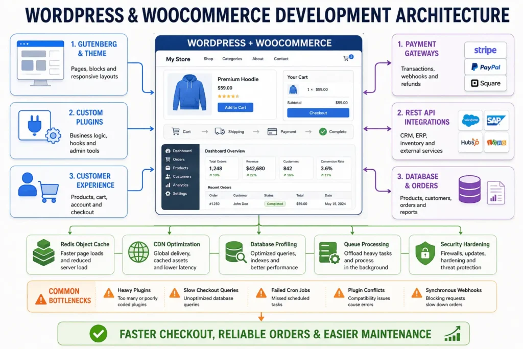 WordPress and WooCommerce development architecture showing plugins, hooks, REST APIs, checkout, caching, security, and performance optimization.