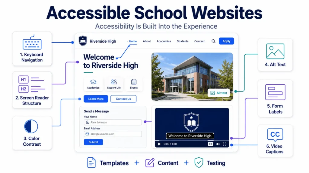 Accessible school websites infographic showing keyboard navigation, screen reader structure, color contrast, alt text, form labels, and video captions