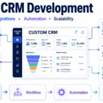 Custom CRM development infographic showing customer data, sales workflows, API integrations, automation, analytics, and scalable CRM architecture.