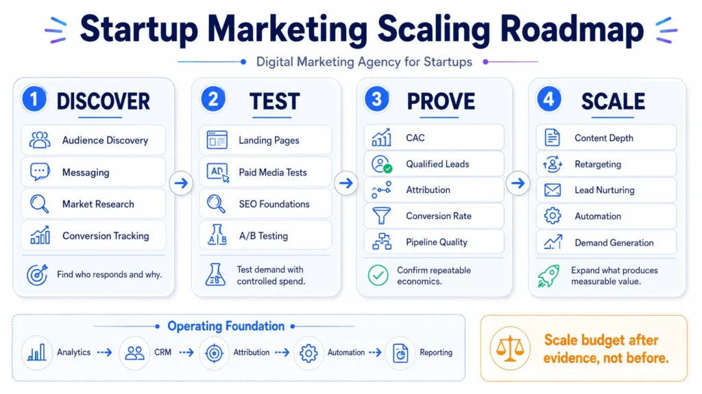 Digital marketing agency for startups scaling roadmap from audience discovery and testing to proven acquisition and scalable growth.