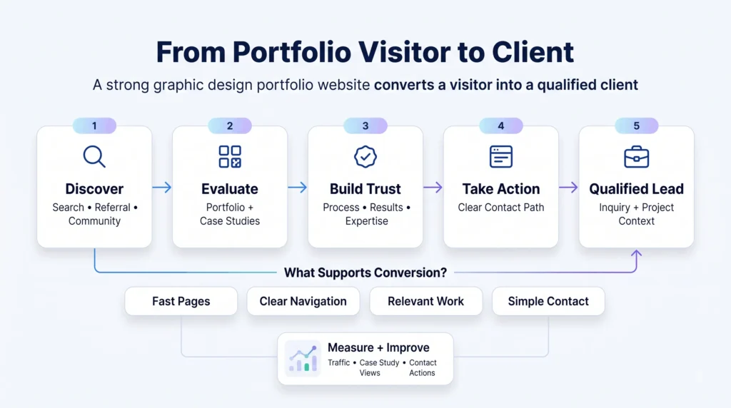 Graphic design portfolio website customer journey showing discovery, portfolio evaluation, trust building, contact action, and qualified client inquiry