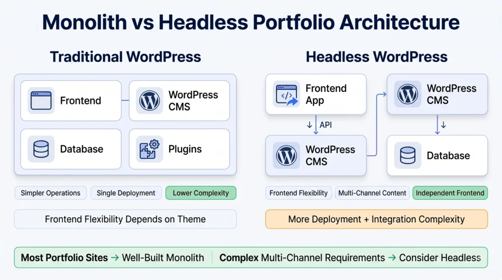 Graphic design portfolio websites architecture comparison between traditional WordPress monolith and headless WordPress