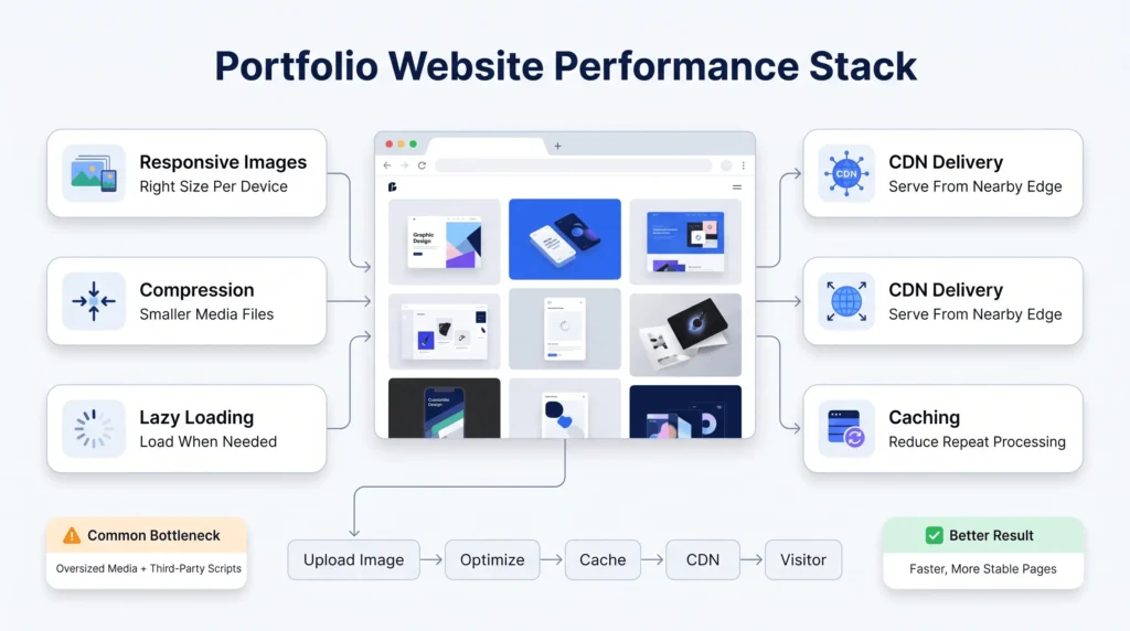 Graphic design portfolio websites performance optimization showing responsive images, compression, lazy loading, CDN delivery, and caching