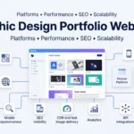 Graphic design portfolio websites comparison showing hosted platforms, WordPress, custom builds, SEO, performance, integrations, and scalability