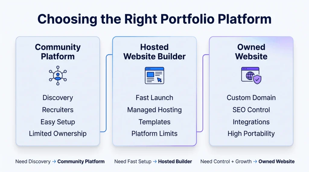 Graphic design portfolio websites platform comparison showing community platforms, hosted website builders, and owned websites