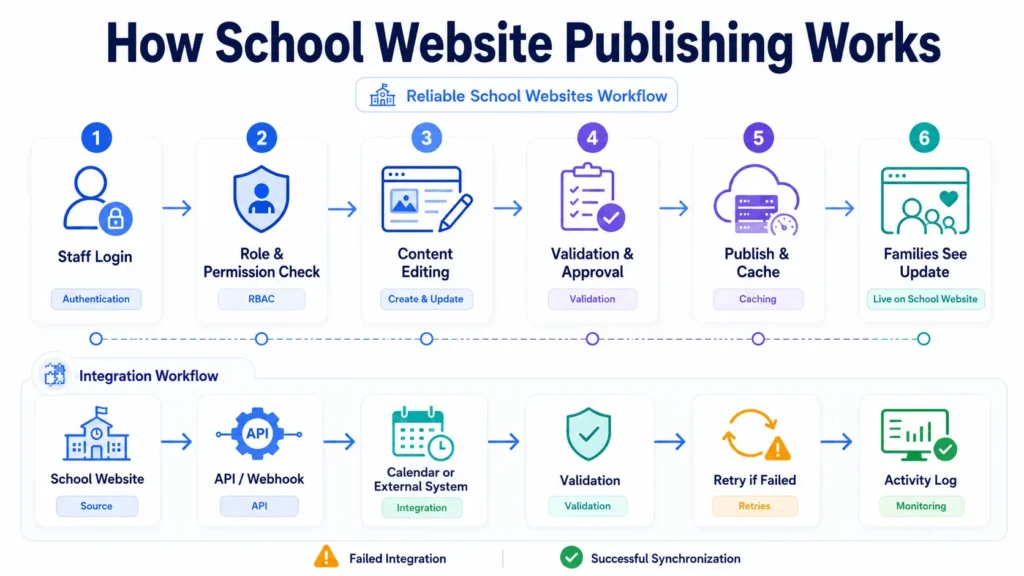 School websites publishing workflow showing WordPress permissions, API integrations, webhooks, validation, retries, and monitoring