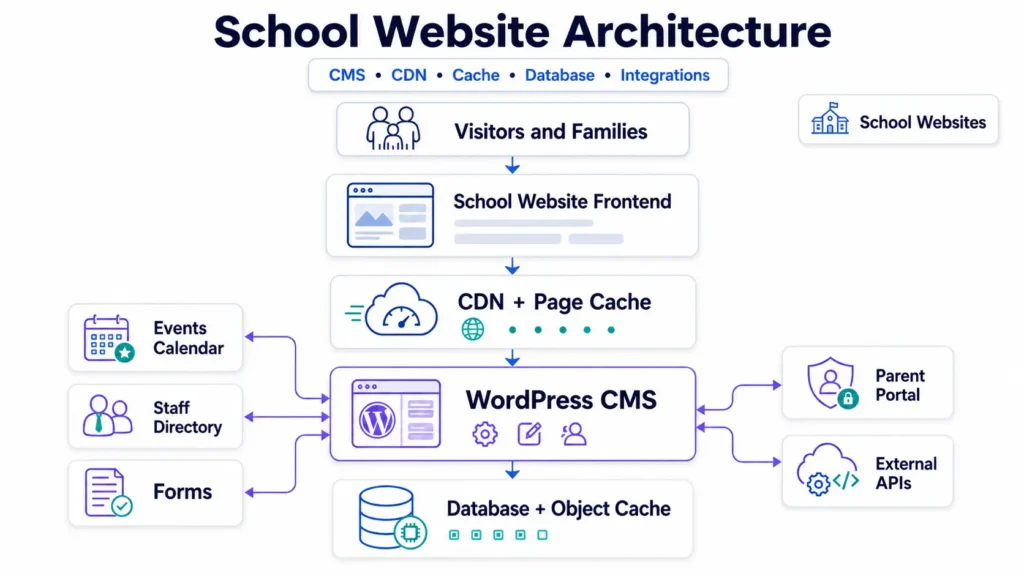 School websites architecture diagram showing WordPress CMS, CDN, caching, database, forms, calendar, staff directory, and API integrations