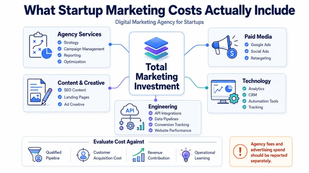 Startup marketing agency cost infographic showing agency services, paid media, content, technology, engineering, and performance measurement.