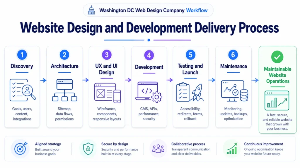 Washington DC Web Design Company project workflow covering discovery, architecture, UX design, development, testing, launch, and maintenance