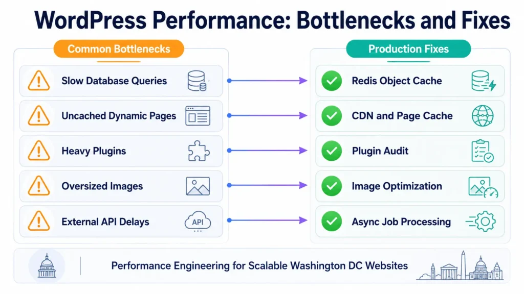 WordPress performance infographic comparing website bottlenecks with Redis caching, CDN delivery, plugin audits, image optimization, and async processing